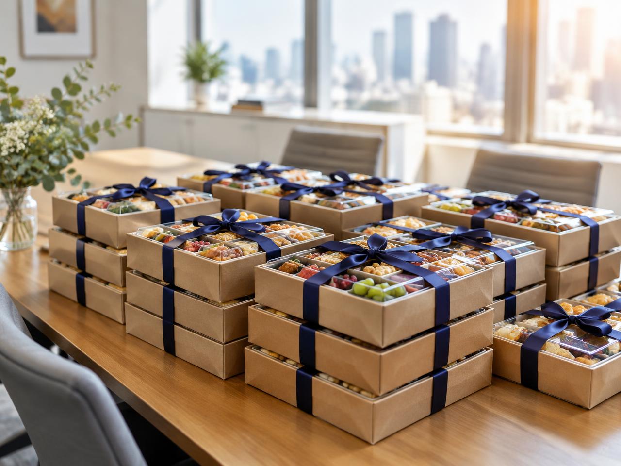 Rows of ribbon-tied snack boxes on an office table